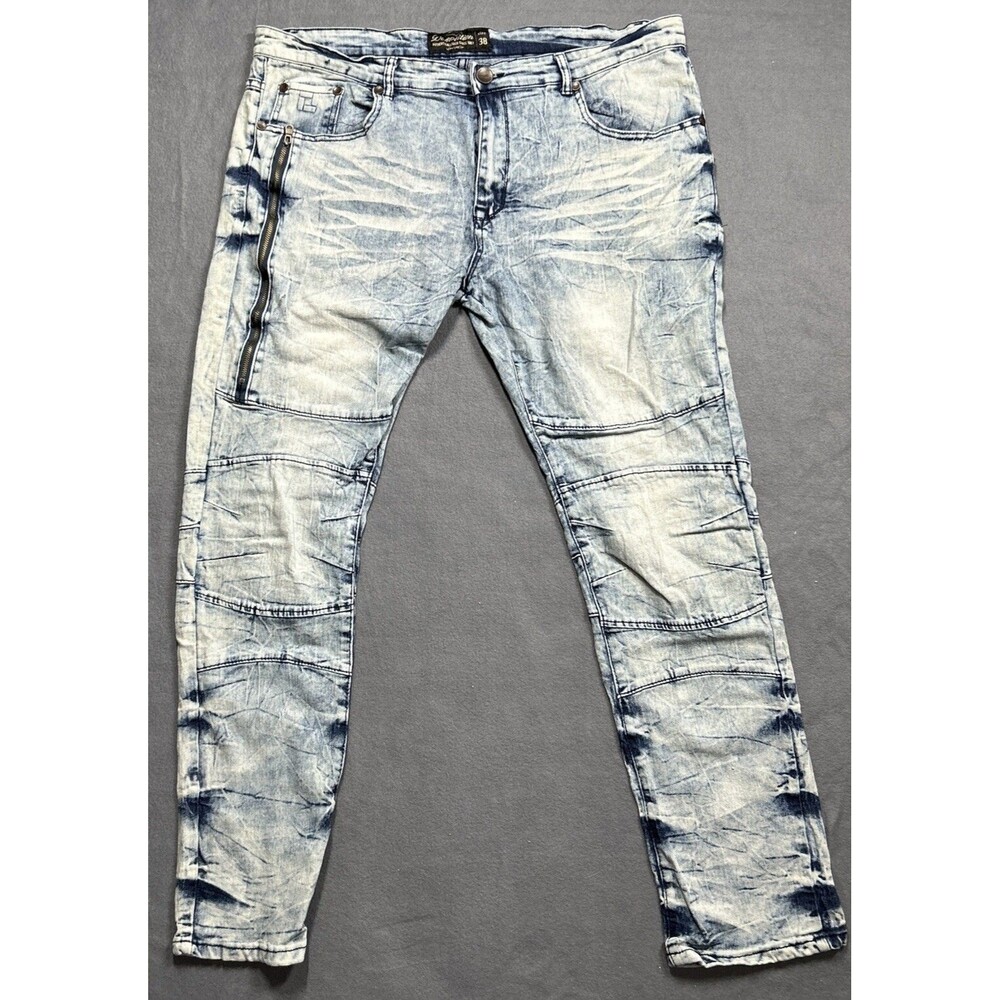 Demolition Jeans Men's Sz 38X31.5  Blue Y2K Faded Whisker Zipper Comfort Stretch